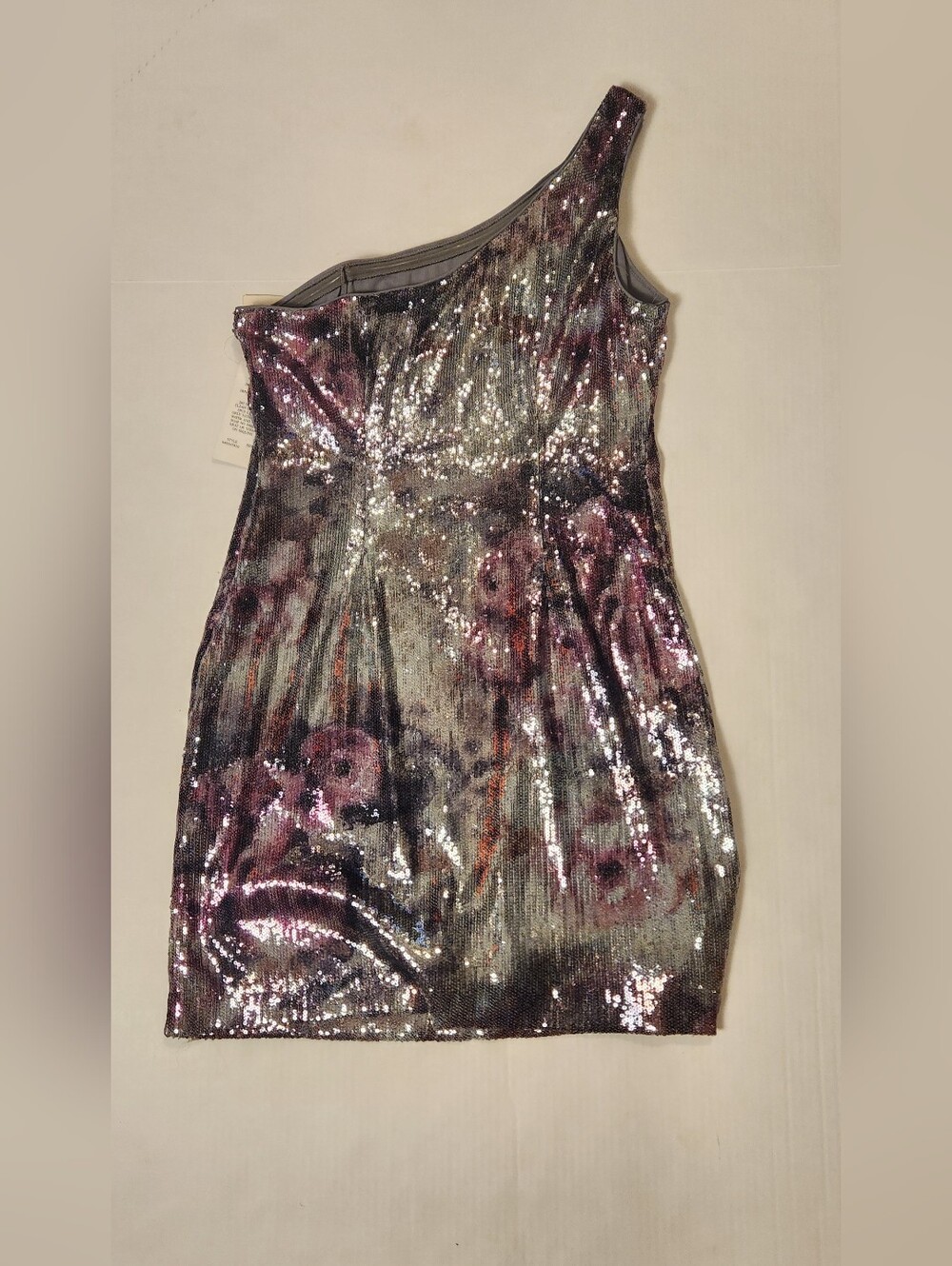 NWT Adrianna Papell One Shoulder Iridescent Pink Purple Silver Sequin Dress 8